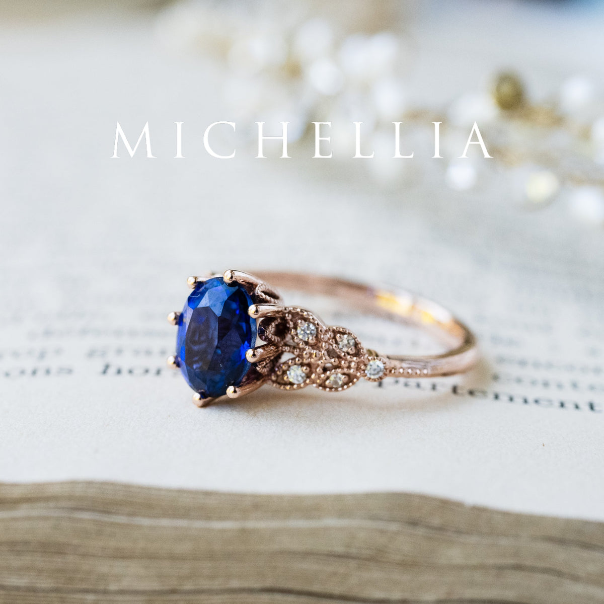 [Olivia] Classic Floral Oval Engagement Ring in Lab Blue Sapphire