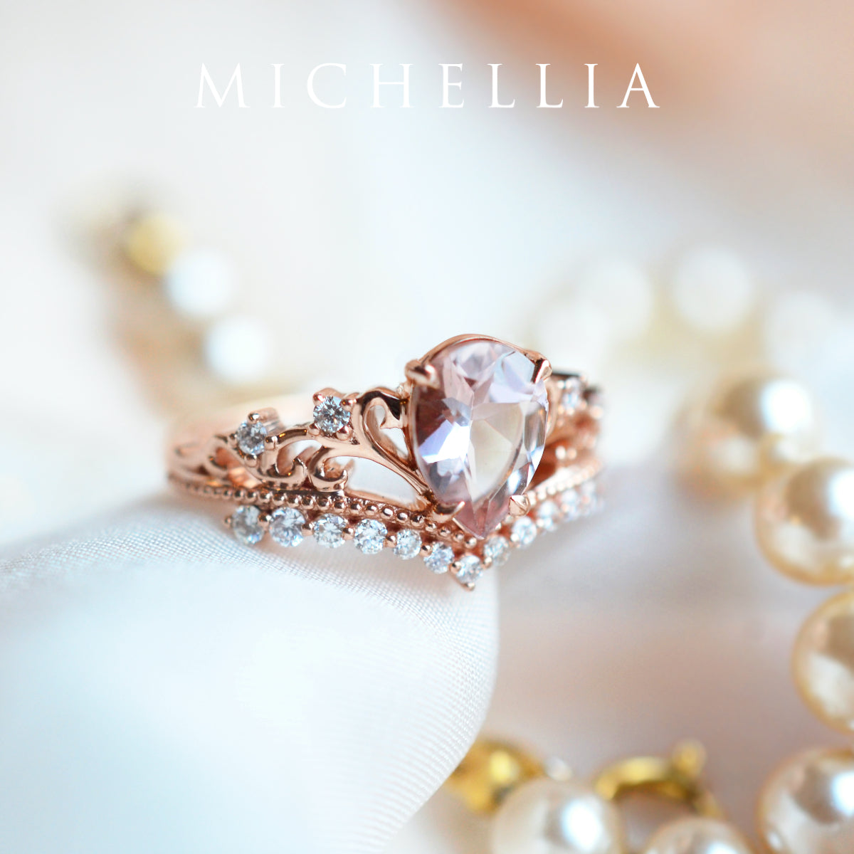 [Francesca] Heirloom Crown Pear Engagement Ring in Morganite