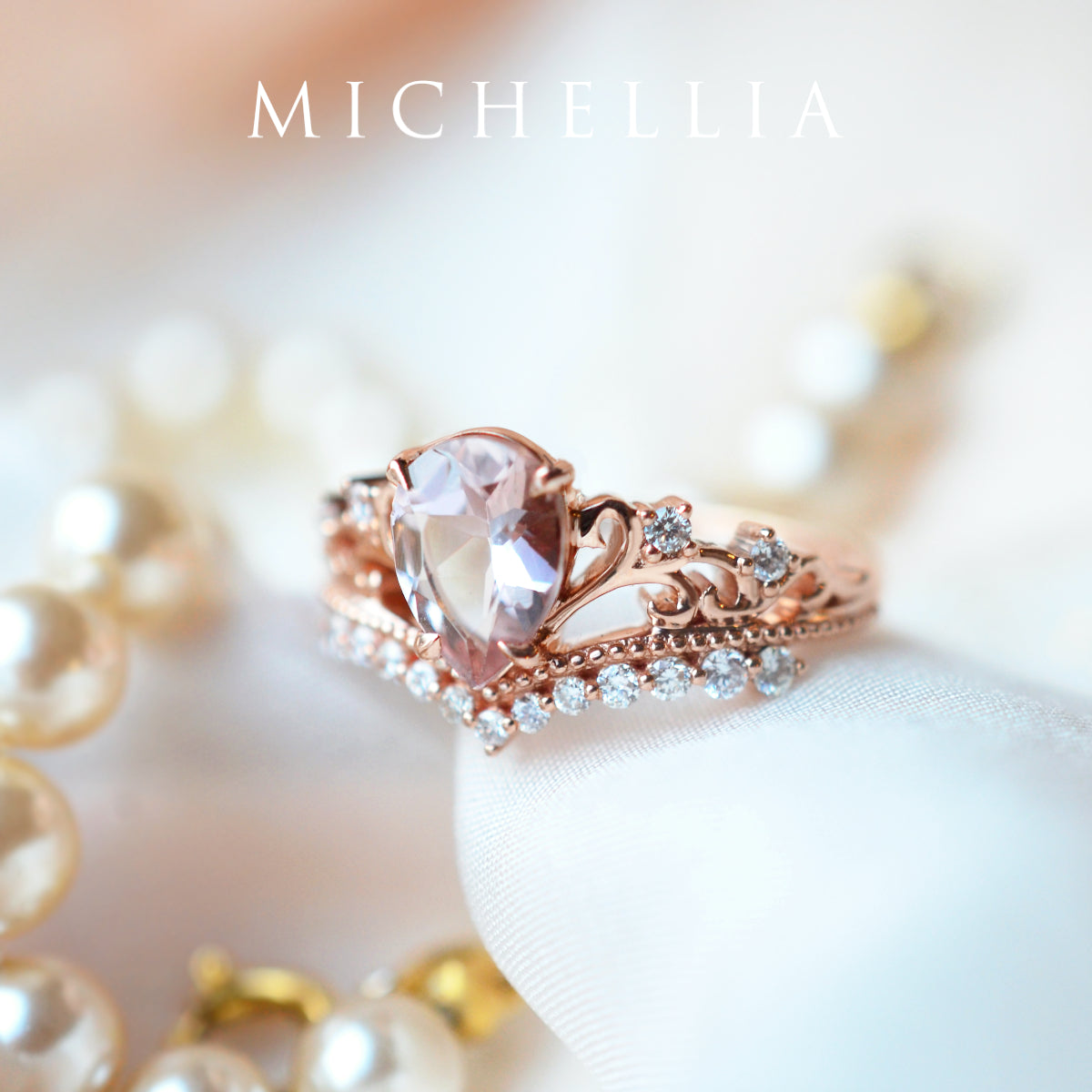 [Francesca] Heirloom Crown Pear Engagement Ring in Morganite