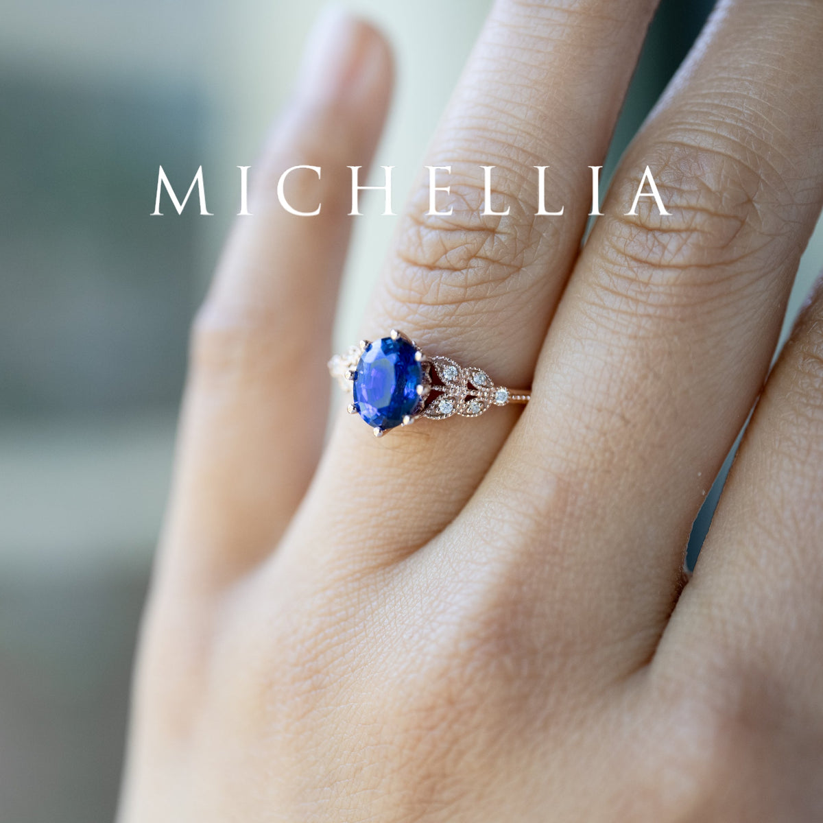 [Olivia] Classic Floral Oval Engagement Ring in Lab Blue Sapphire