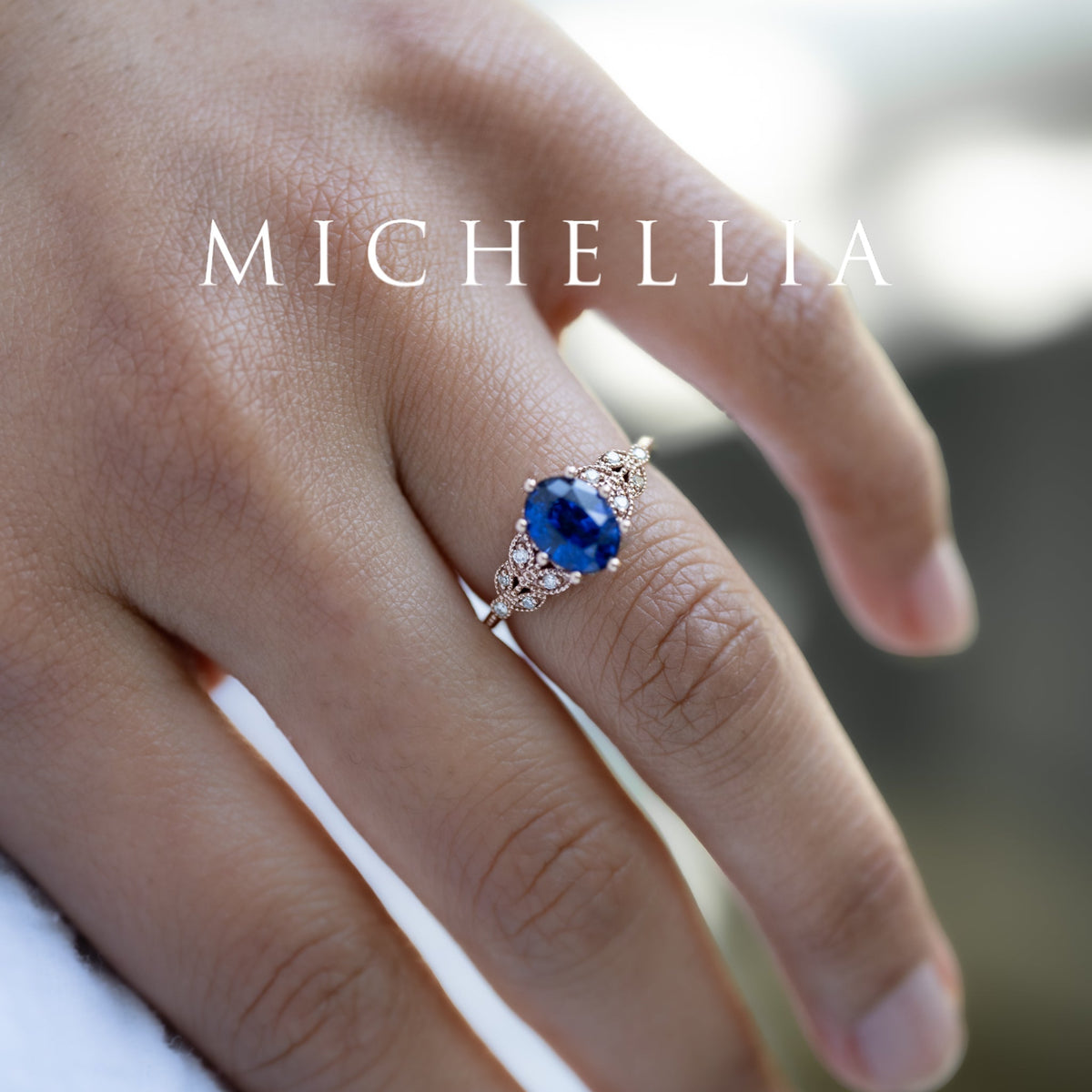 [Olivia] Classic Floral Oval Engagement Ring in Lab Blue Sapphire