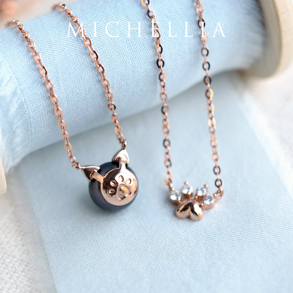 [Snow] White Pearl and Diamond Cat Necklace