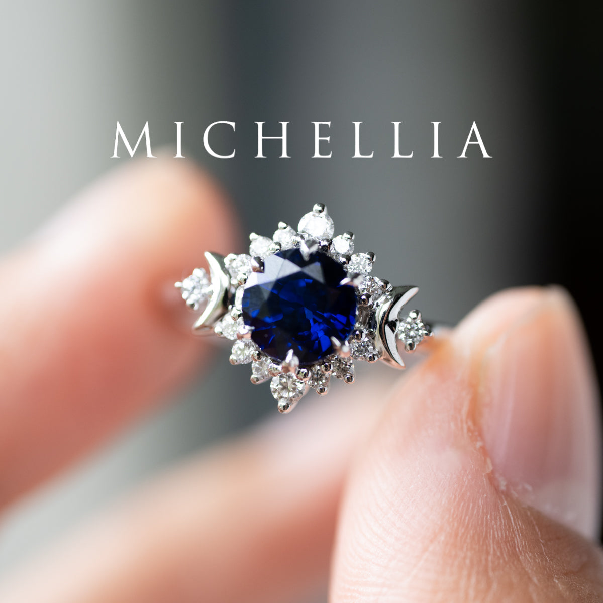 [Selene] Moon Goddess Engagement Ring in Blue Sapphire