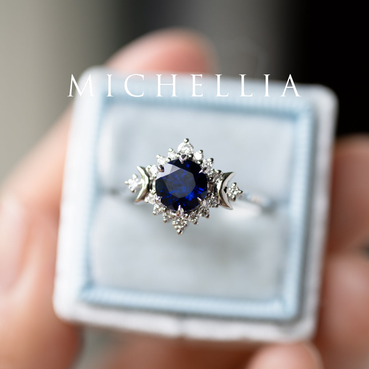 [Selene] Moon Goddess Engagement Ring in Blue Sapphire