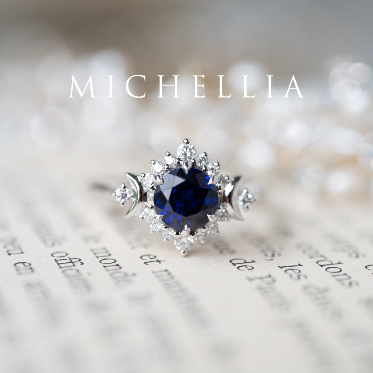 [Selene] Moon Goddess Engagement Ring in Blue Sapphire