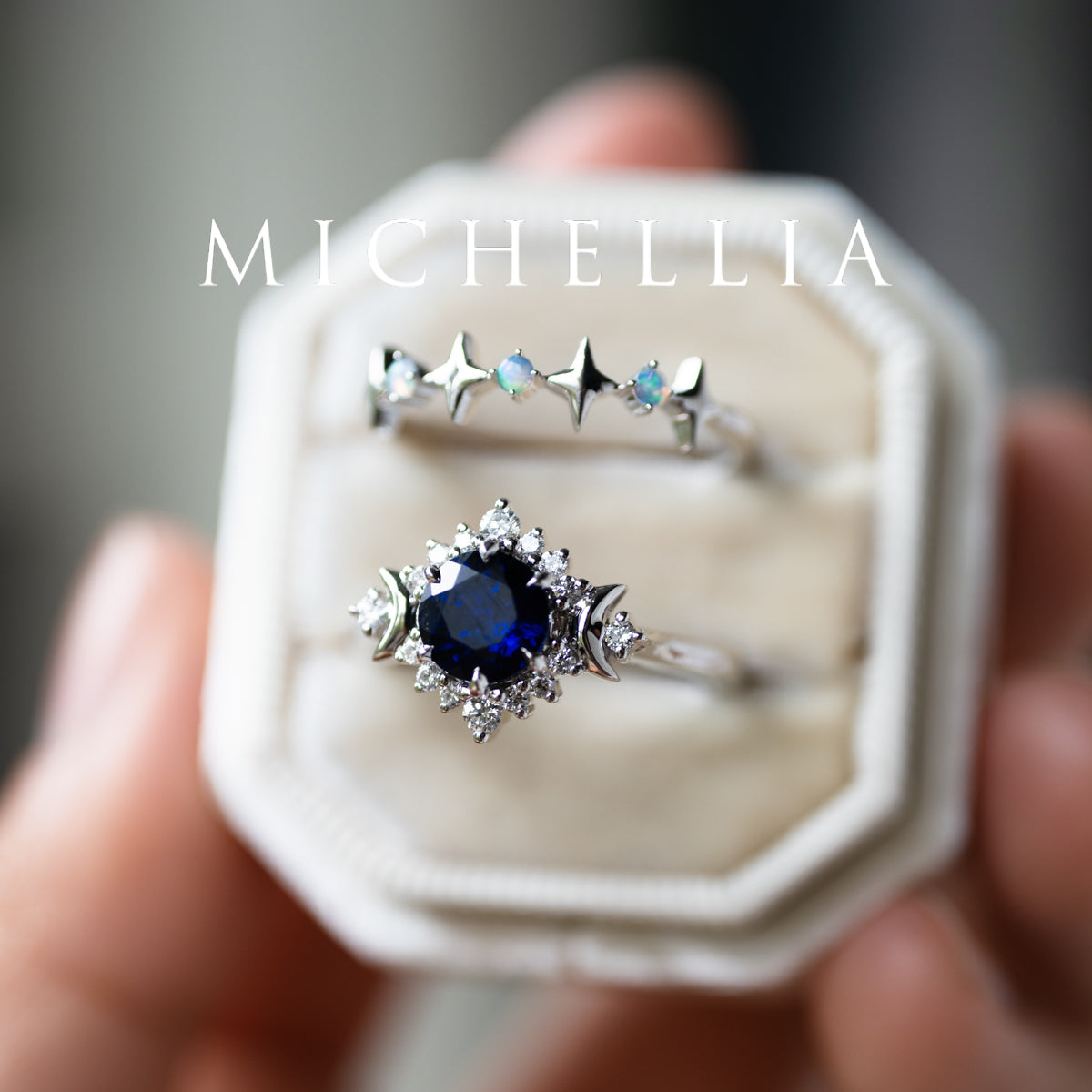 [Selene] Moon Goddess Engagement Ring in Blue Sapphire