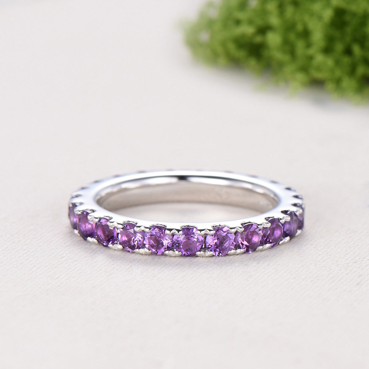 3mm Full Eternity Amethyst Wedding Ring, Retro White Gold Pave Setting Stacking Bnad