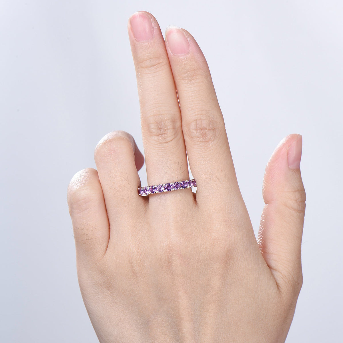 3mm Full Eternity Amethyst Wedding Ring, Retro White Gold Pave Setting Stacking Bnad