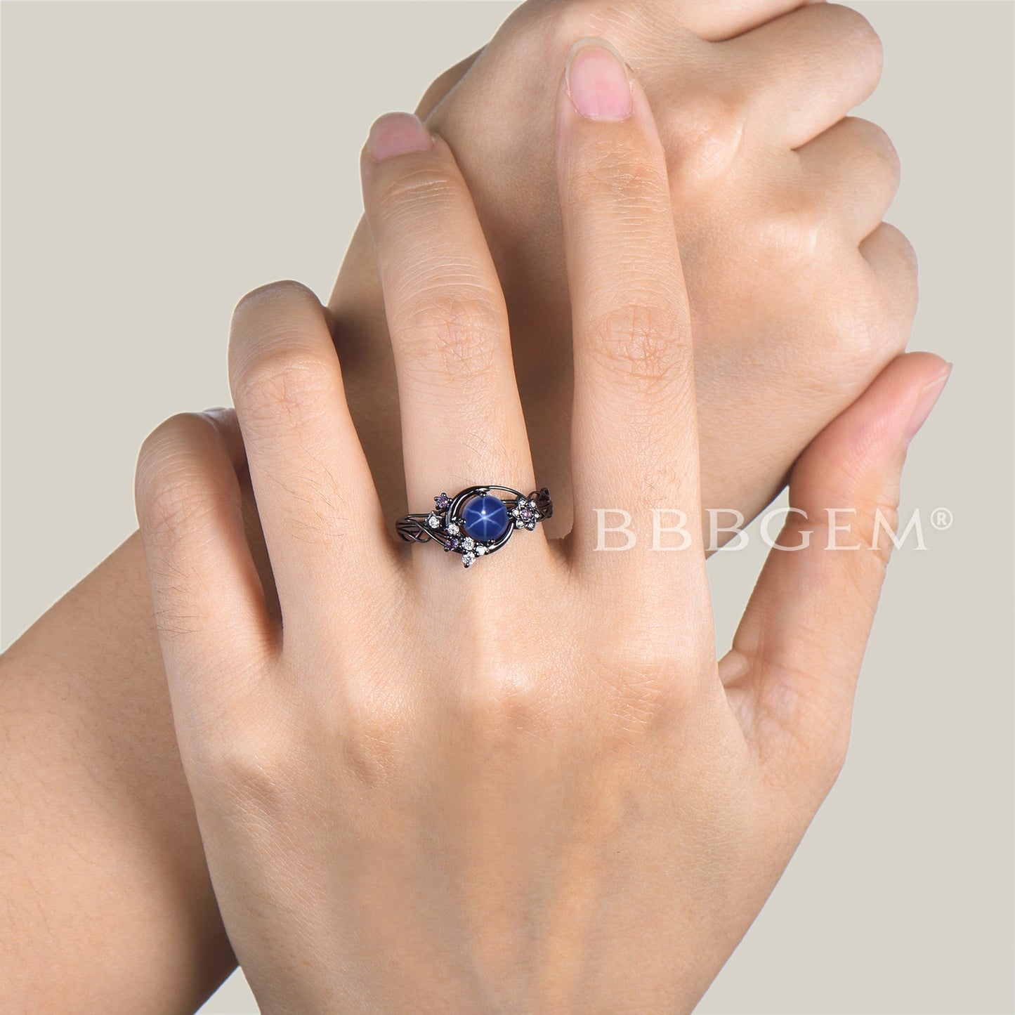 Round Cut Star Blue Sapphire Black Gold Moon Ring Amethyst Diamond Twisted Ring