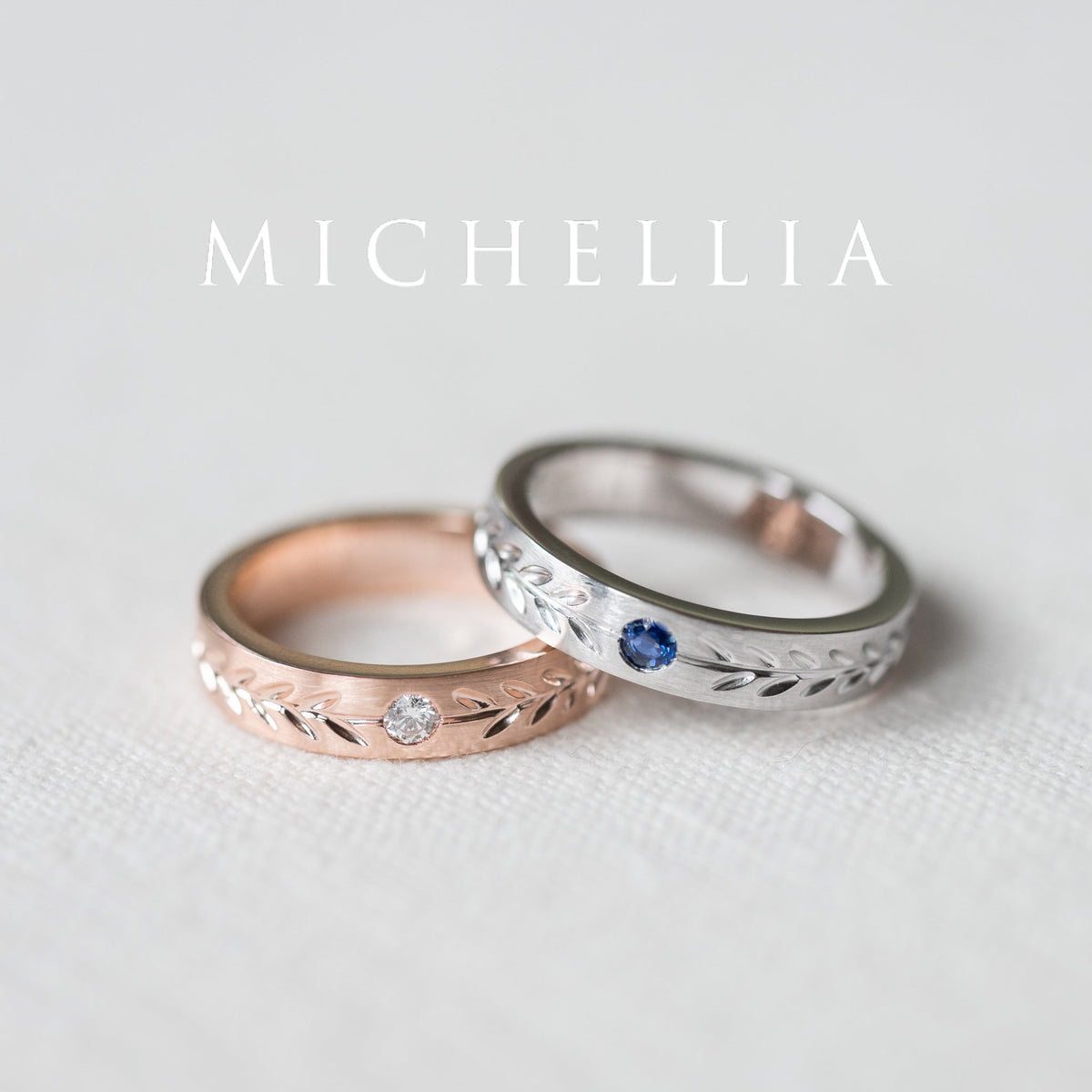 [Juniper] Unisex Gemstone Laurel Leaf Wedding Band in Blue Sapphire