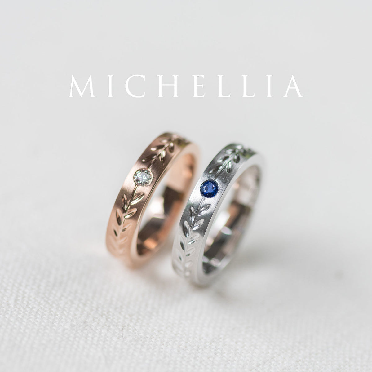 [Juniper] Unisex Gemstone Laurel Leaf Wedding Band in Pink Sapphire