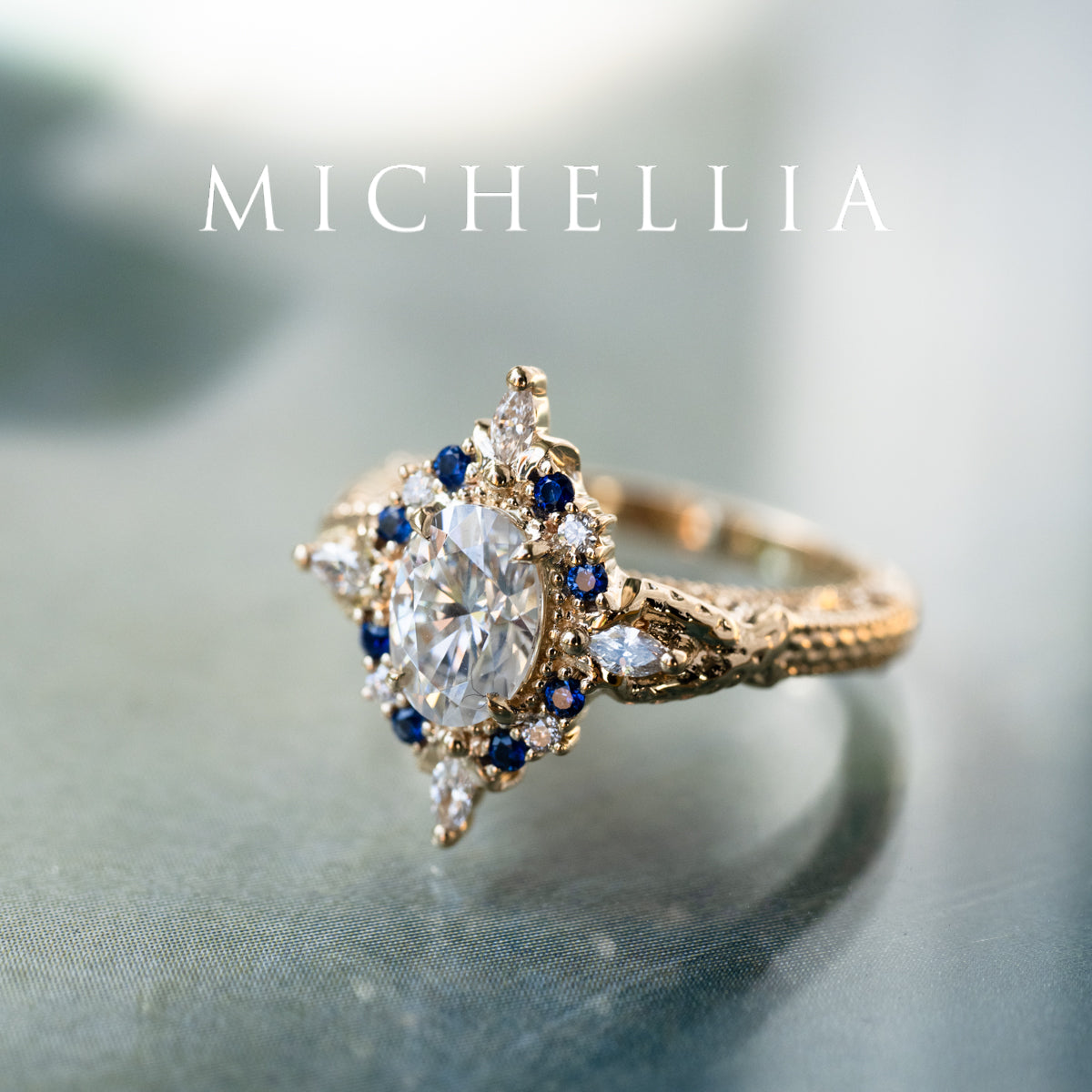 [Henrietta] Regency Custom Engagement Ring with Diamond, Moissanite & Sapphire - One of A Kind