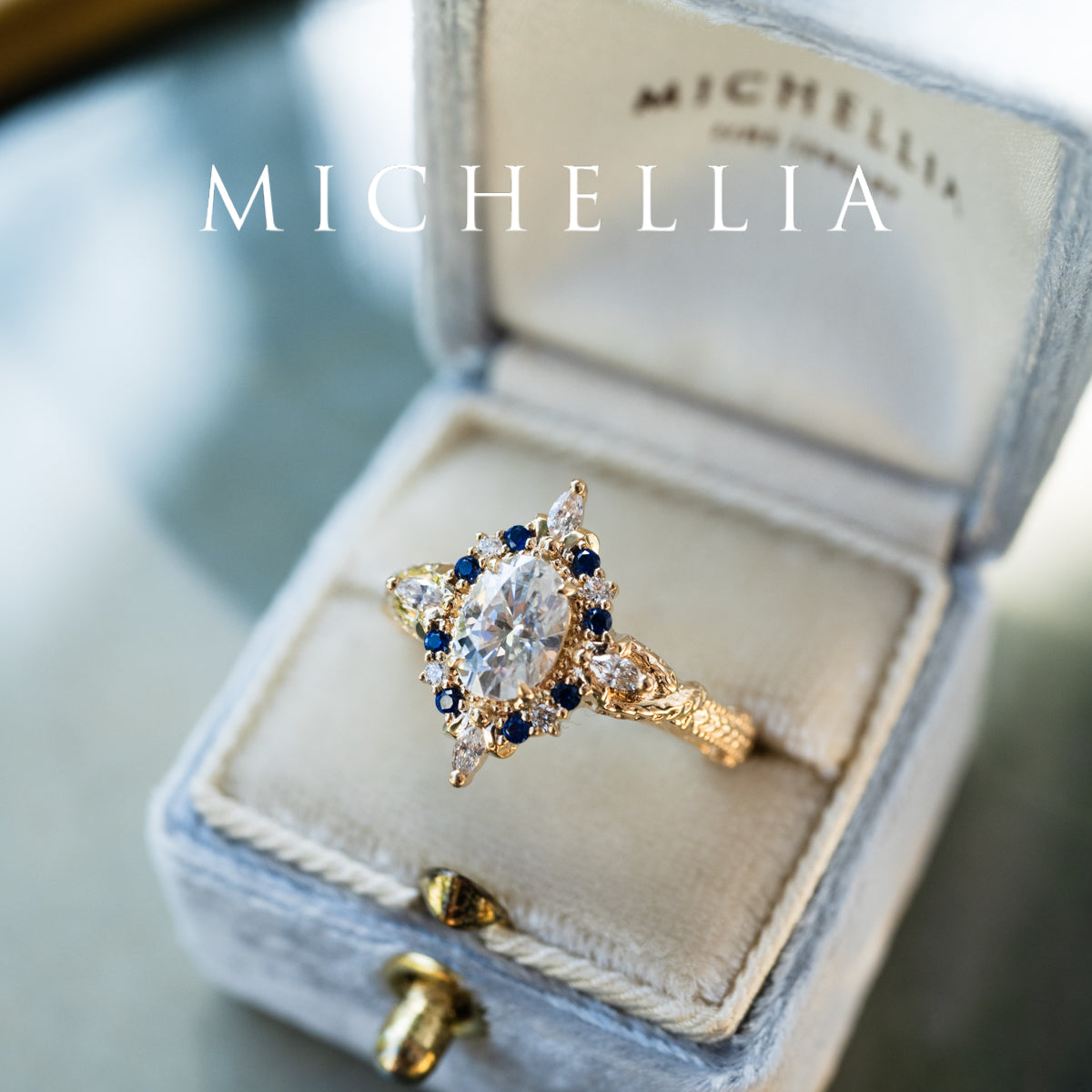 [Henrietta] Regency Custom Engagement Ring with Diamond, Moissanite & Sapphire - One of A Kind