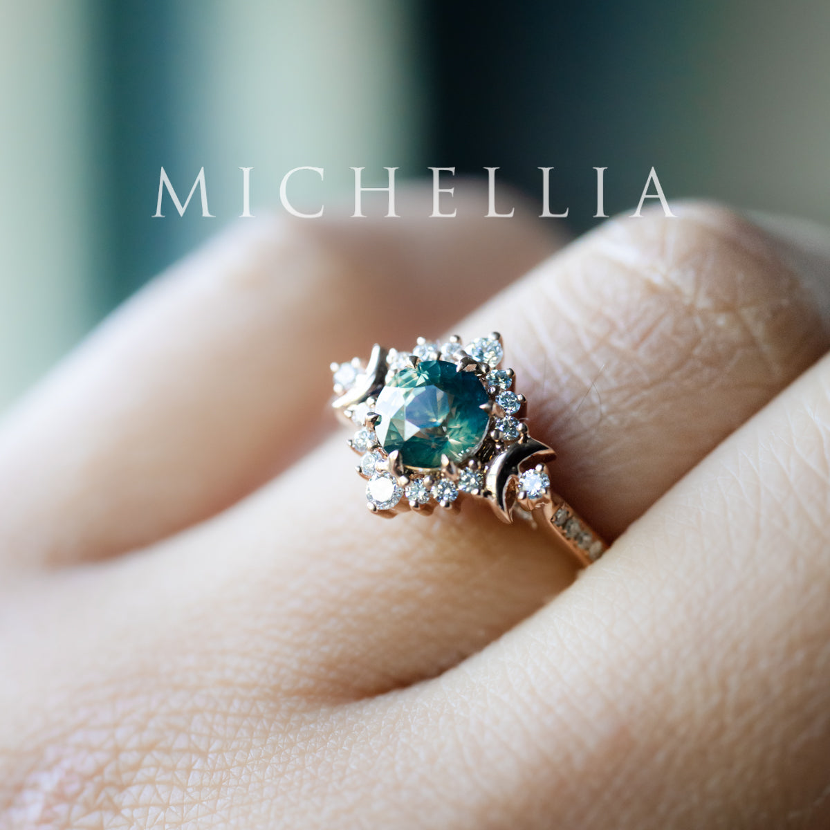 [Selene] Natural Teal Sapphire Moon Goddess Engagement Ring w/ Pave Shank, 18K Rose Gold, One of A Kind & Ready-to-Ship