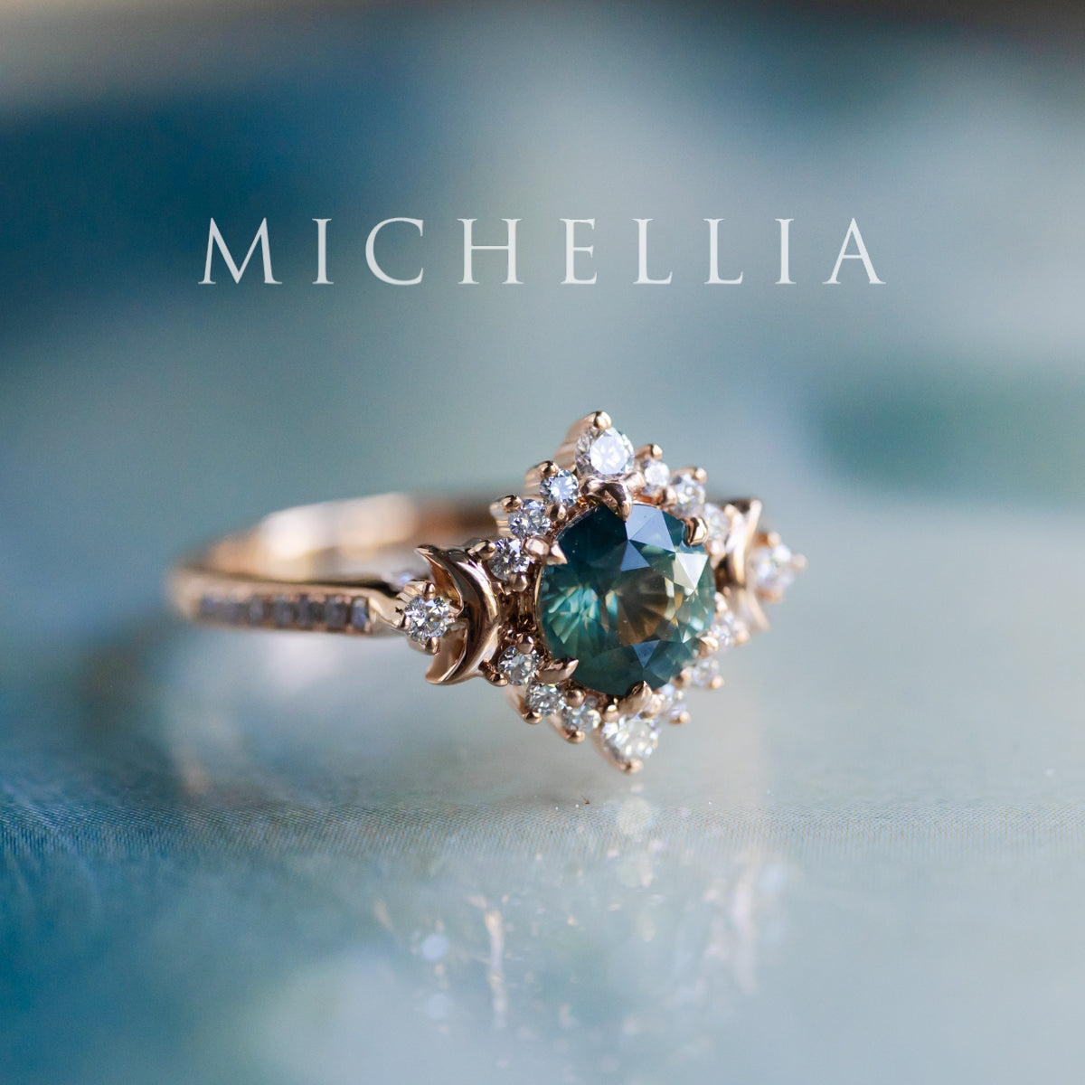 [Selene] Natural Teal Sapphire Moon Goddess Engagement Ring w/ Pave Shank, 18K Rose Gold, One of A Kind & Ready-to-Ship
