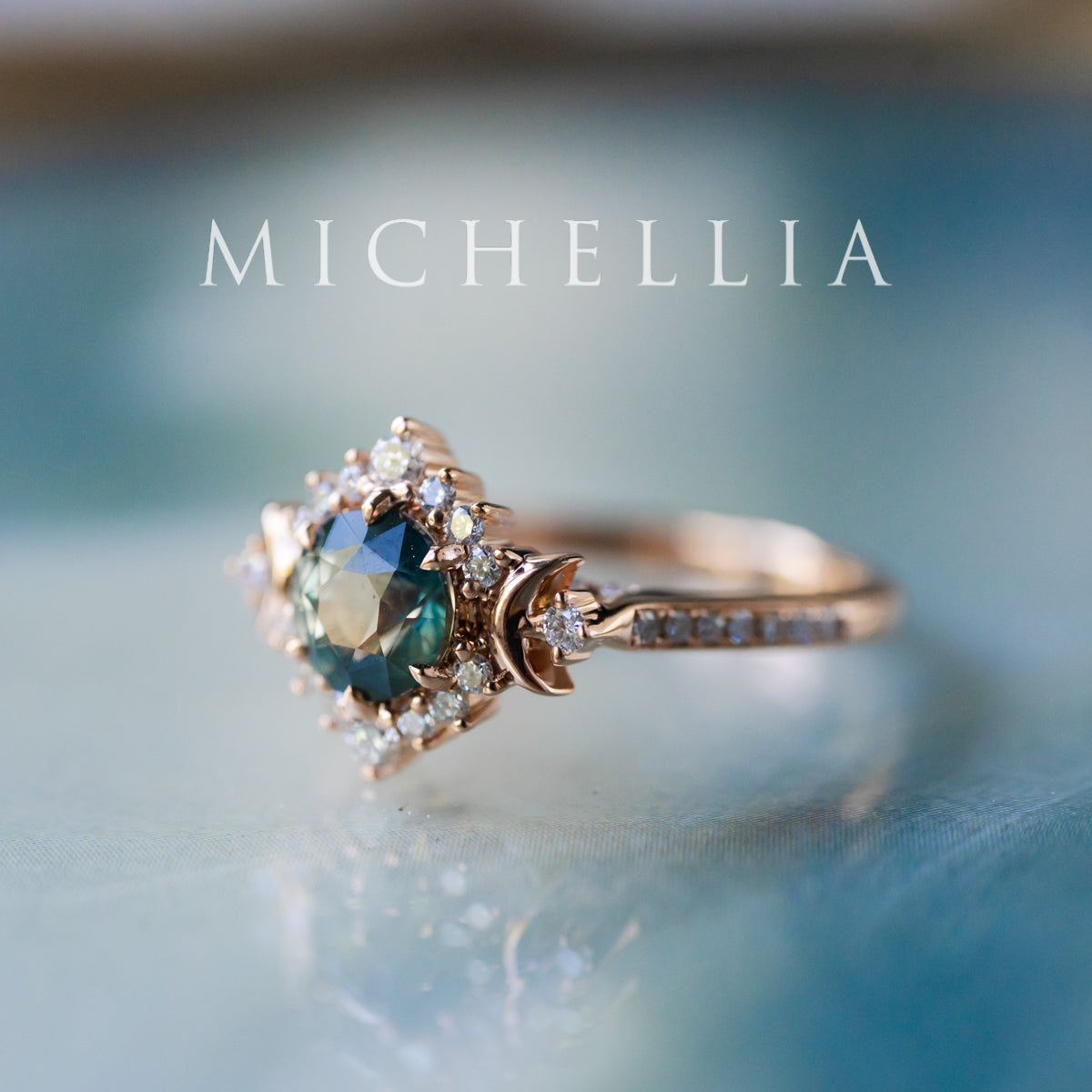 [Selene] Natural Teal Sapphire Moon Goddess Engagement Ring w/ Pave Shank, 18K Rose Gold, One of A Kind & Ready-to-Ship