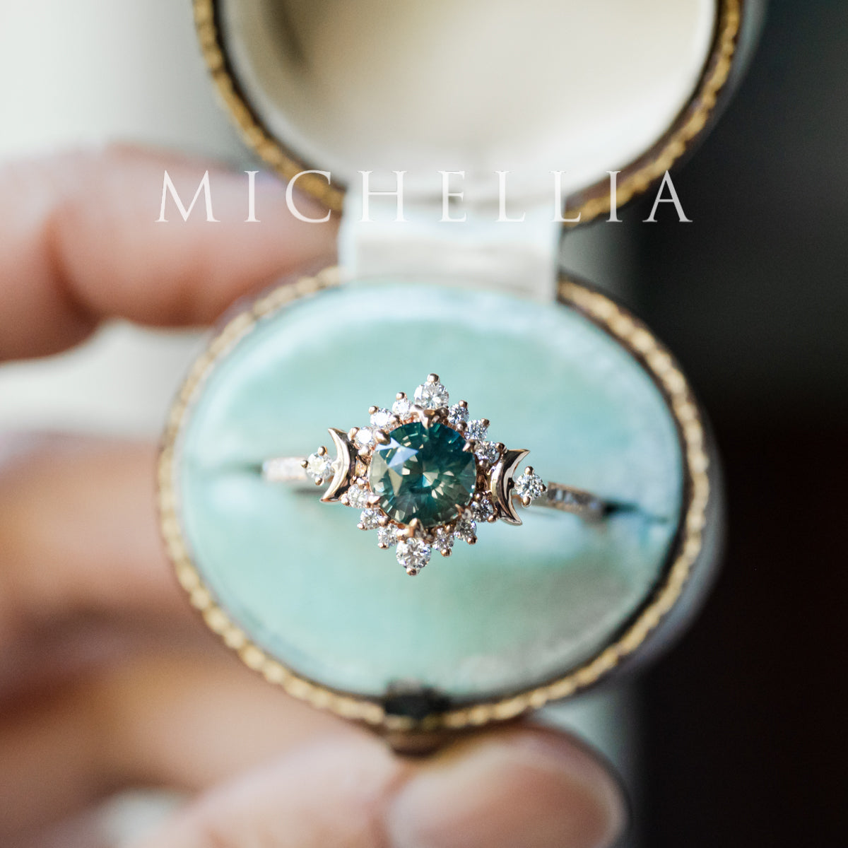 [Selene] Natural Teal Sapphire Moon Goddess Engagement Ring w/ Pave Shank, 18K Rose Gold, One of A Kind & Ready-to-Ship