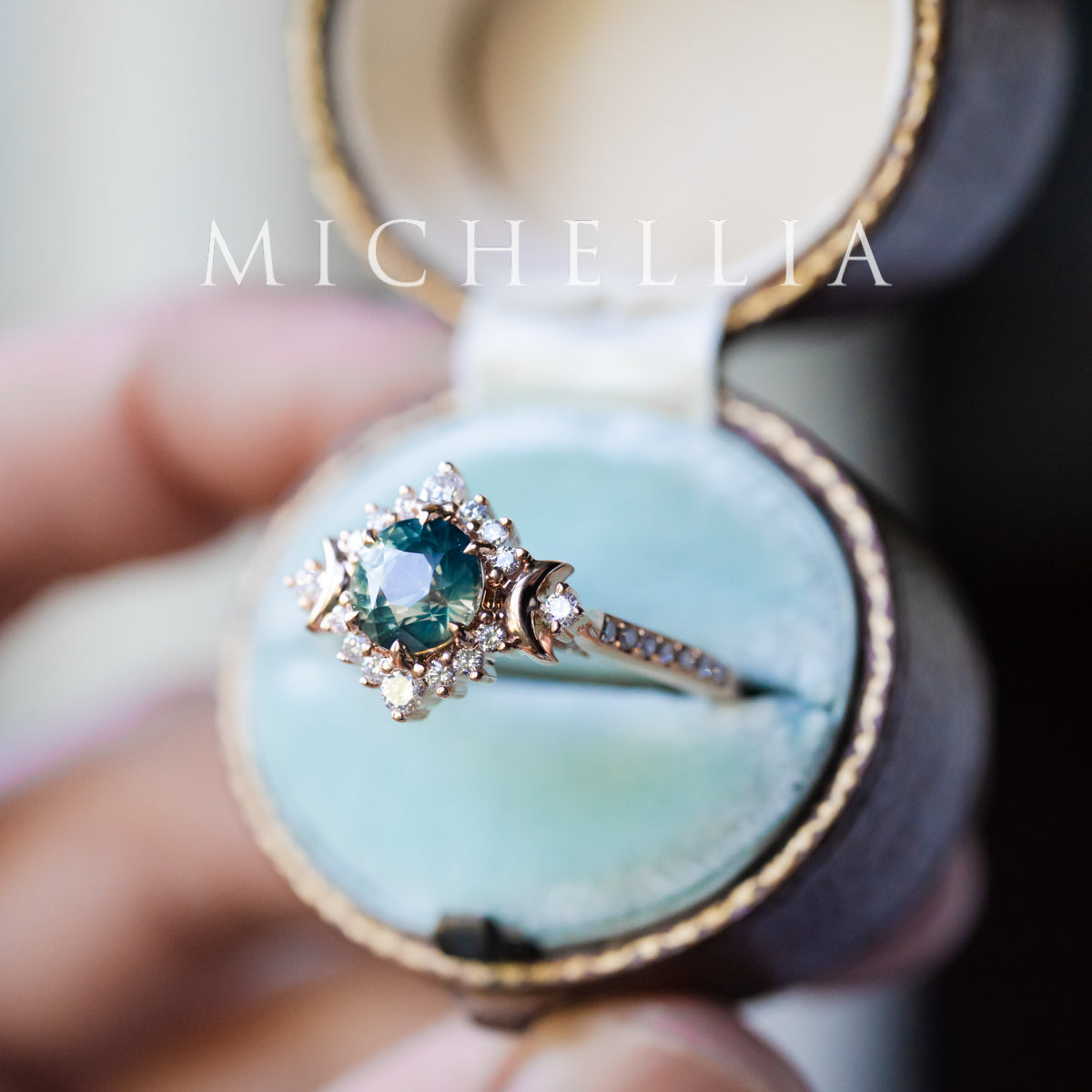 [Selene] Natural Teal Sapphire Moon Goddess Engagement Ring w/ Pave Shank, 18K Rose Gold, One of A Kind & Ready-to-Ship