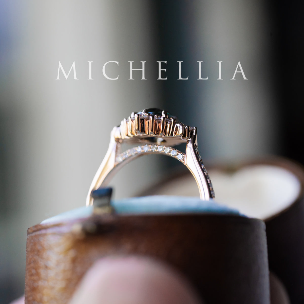 [Selene] Natural Teal Sapphire Moon Goddess Engagement Ring w/ Pave Shank, 18K Rose Gold, One of A Kind & Ready-to-Ship