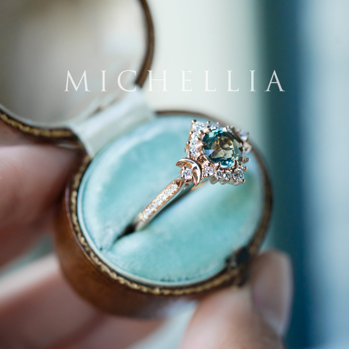[Selene] Natural Teal Sapphire Moon Goddess Engagement Ring w/ Pave Shank, 18K Rose Gold, One of A Kind & Ready-to-Ship
