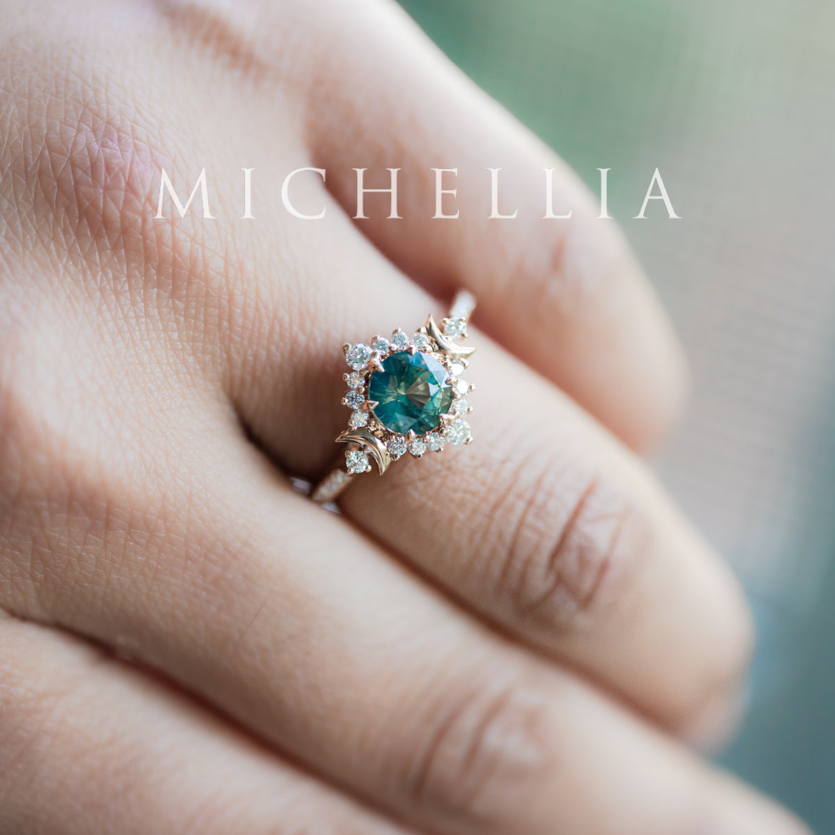[Selene] Natural Teal Sapphire Moon Goddess Engagement Ring w/ Pave Shank, 18K Rose Gold, One of A Kind & Ready-to-Ship