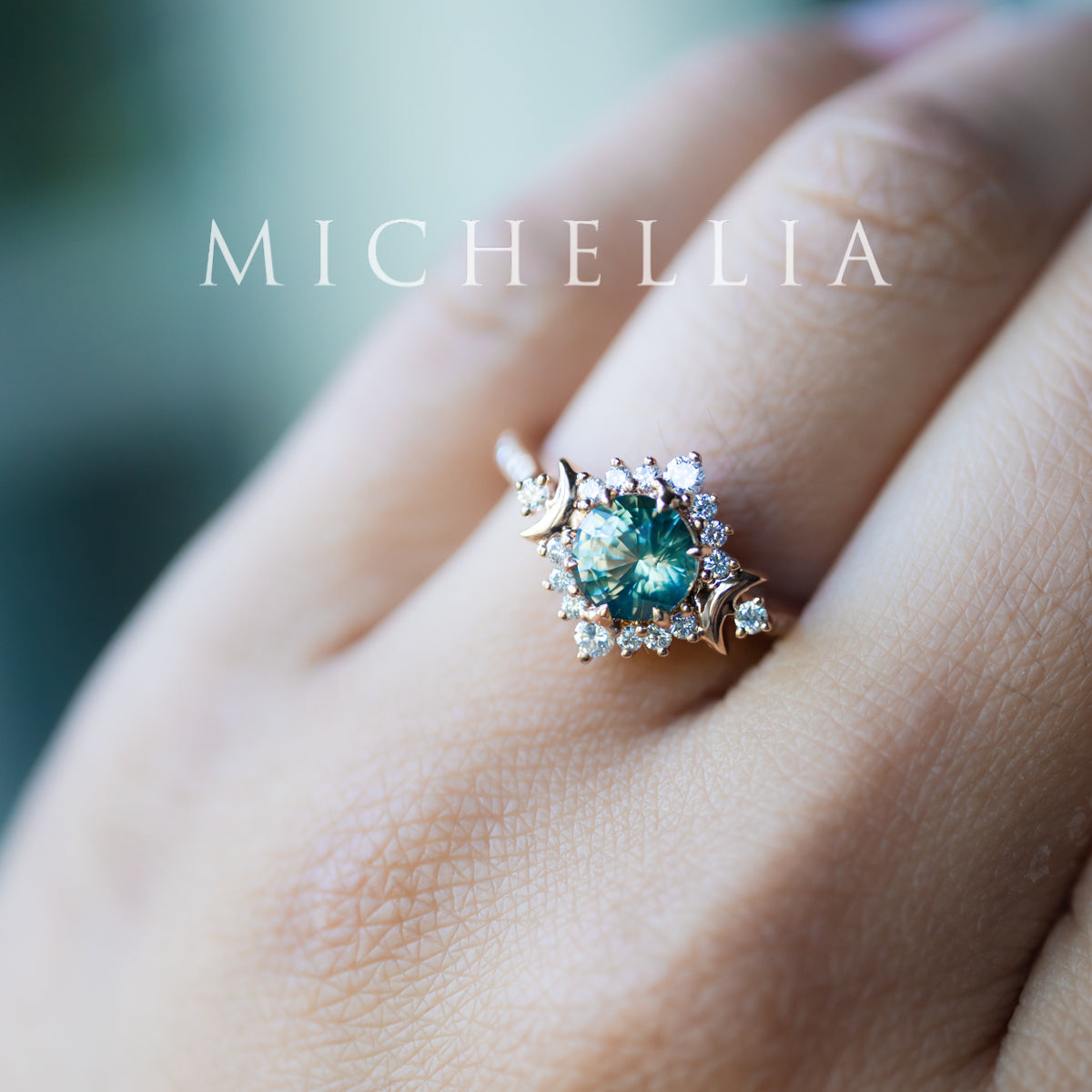 [Selene] Natural Teal Sapphire Moon Goddess Engagement Ring w/ Pave Shank, 18K Rose Gold, One of A Kind & Ready-to-Ship