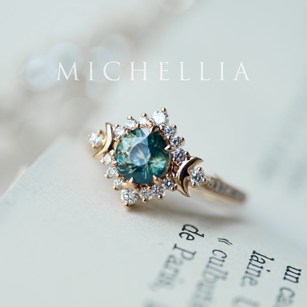 [Selene] Natural Teal Sapphire Moon Goddess Engagement Ring w/ Pave Shank, 18K Rose Gold, One of A Kind & Ready-to-Ship
