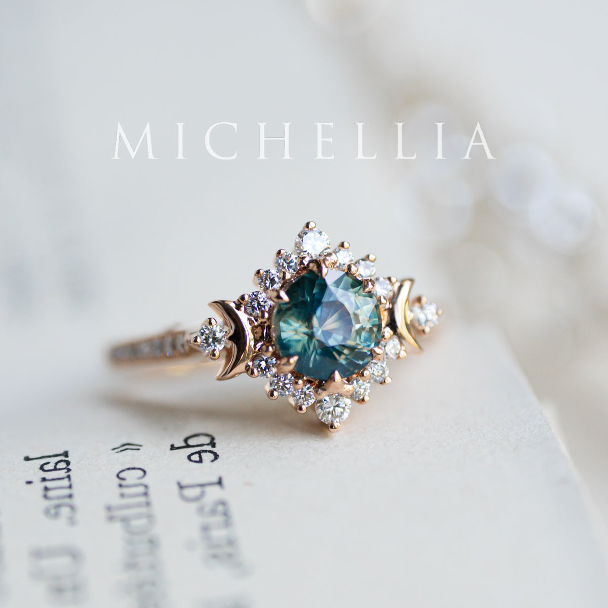 [Selene] Natural Teal Sapphire Moon Goddess Engagement Ring w/ Pave Shank, 18K Rose Gold, One of A Kind & Ready-to-Ship