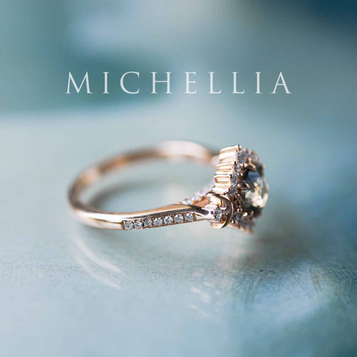 [Selene] Natural Teal Sapphire Moon Goddess Engagement Ring w/ Pave Shank, 18K Rose Gold, One of A Kind & Ready-to-Ship
