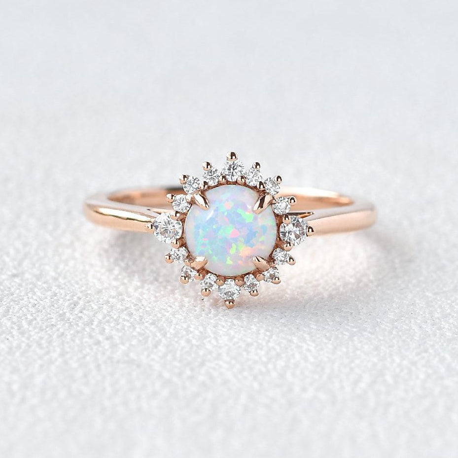 Valencia’s Sunburst | Round Opal & Moissanite Halo Ring