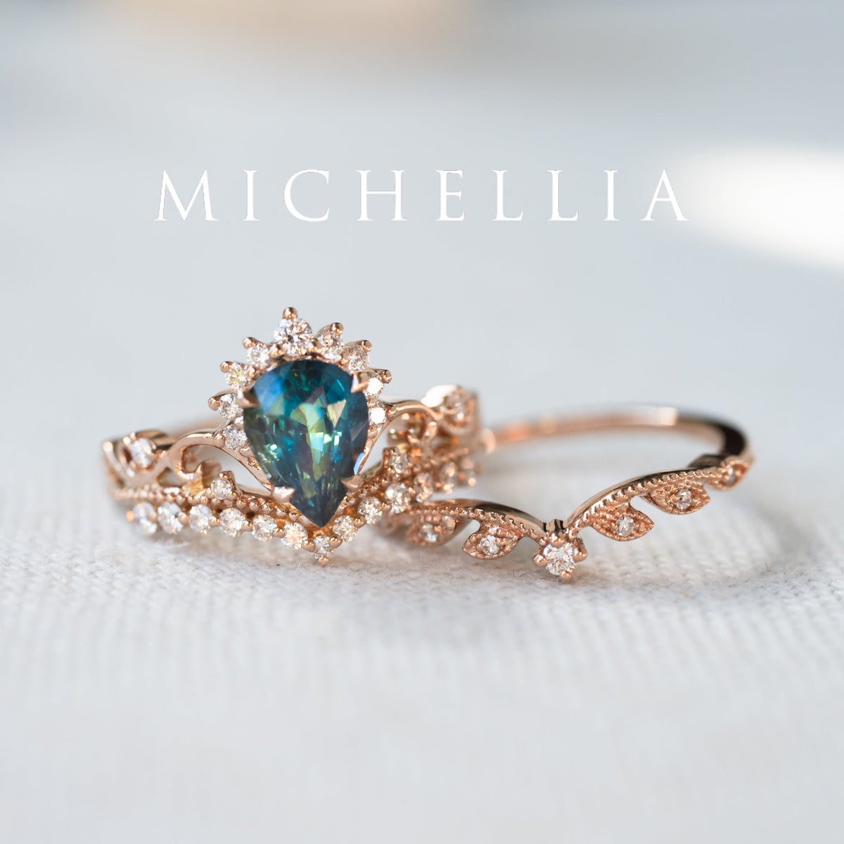 [Nerissa] Mermaid Song Natural Teal Sapphire 2-piece Engagement Ring Set, 14K Rose Gold - One of A Kind & Ready-to-Ship