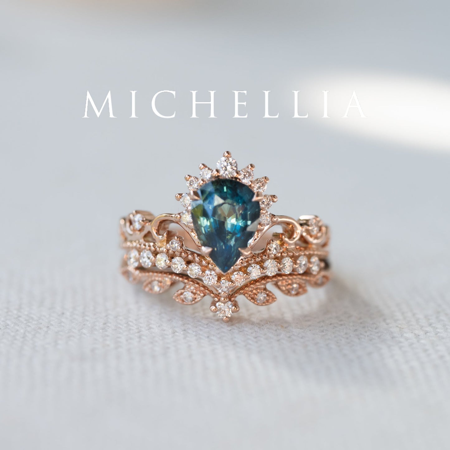 [Nerissa] Mermaid Song Natural Teal Sapphire 2-piece Engagement Ring Set, 14K Rose Gold - One of A Kind & Ready-to-Ship