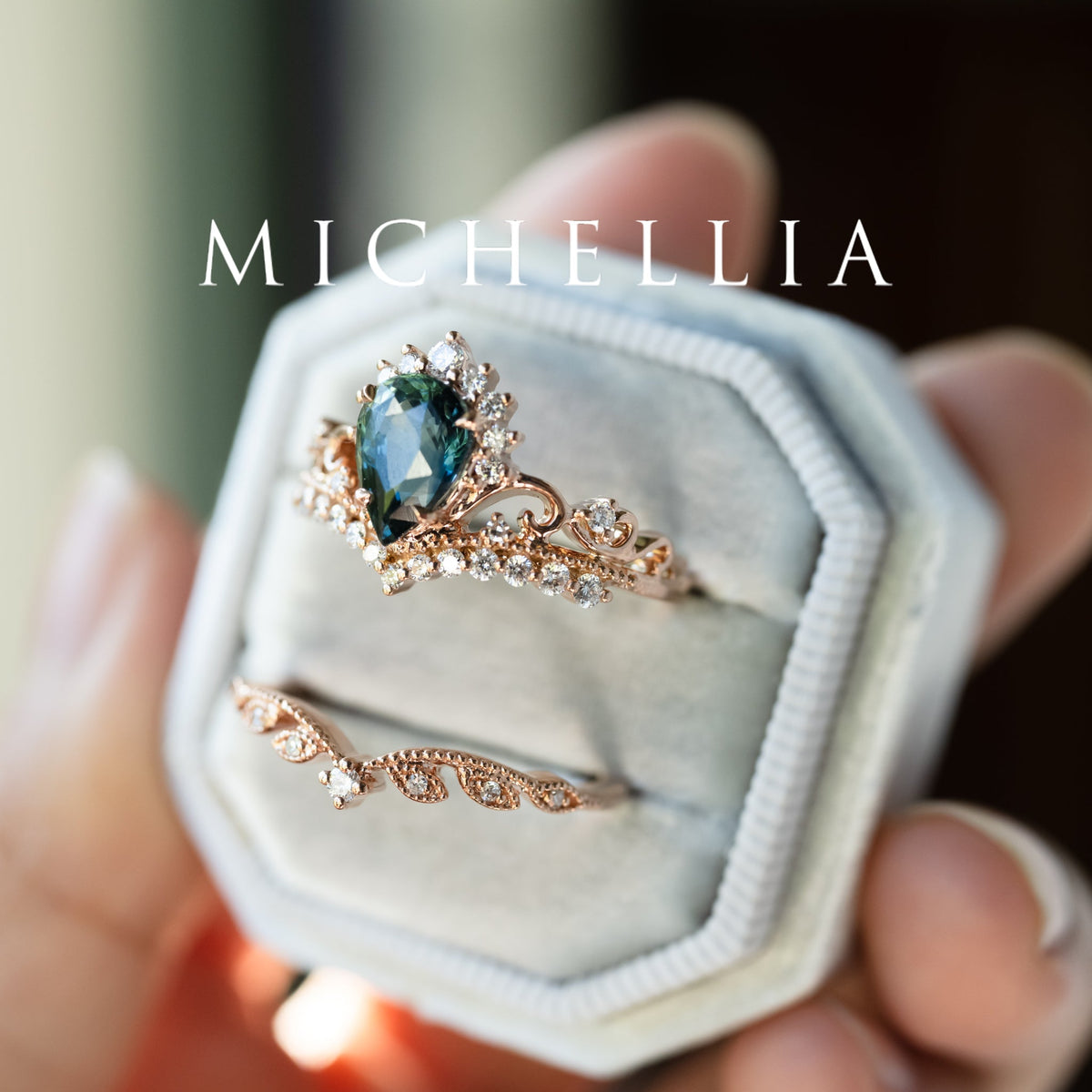 [Nerissa] Mermaid Song Natural Teal Sapphire 2-piece Engagement Ring Set, 14K Rose Gold - One of A Kind & Ready-to-Ship