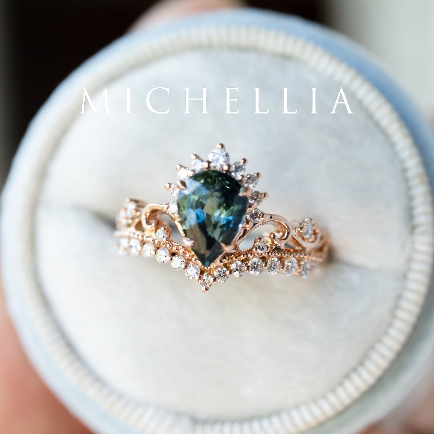 [Nerissa] Mermaid Song Natural Teal Sapphire 2-piece Engagement Ring Set, 14K Rose Gold - One of A Kind & Ready-to-Ship