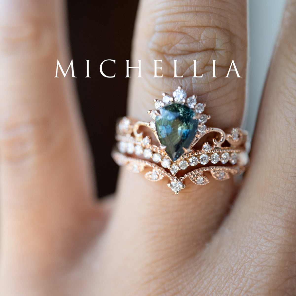 [Nerissa] Mermaid Song Natural Teal Sapphire 2-piece Engagement Ring Set, 14K Rose Gold - One of A Kind & Ready-to-Ship