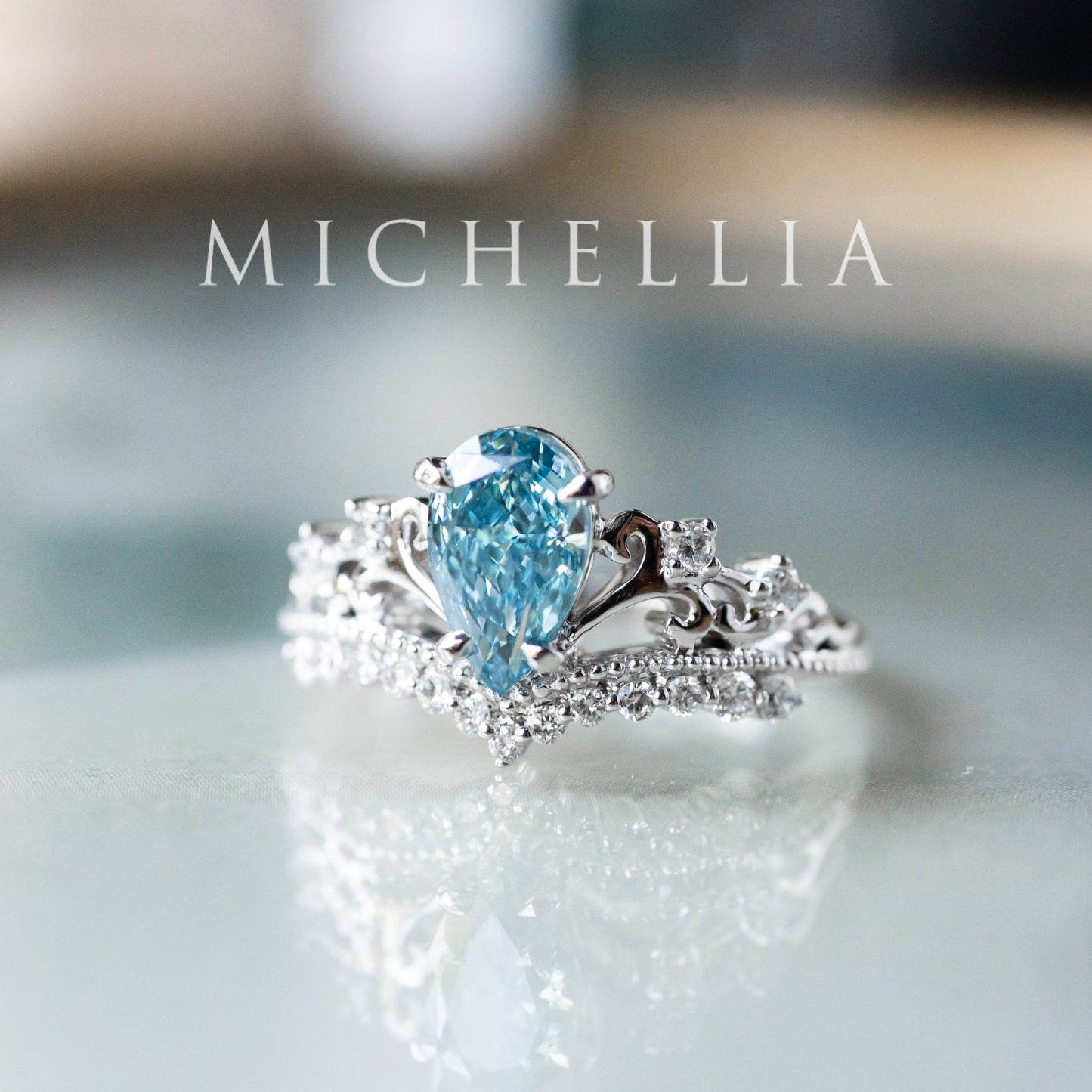 [Francesca] IGI Certified French Blue Diamond Pear Cut Platinum Engagement Ring, One of A Kind & Ready-to-Ship
