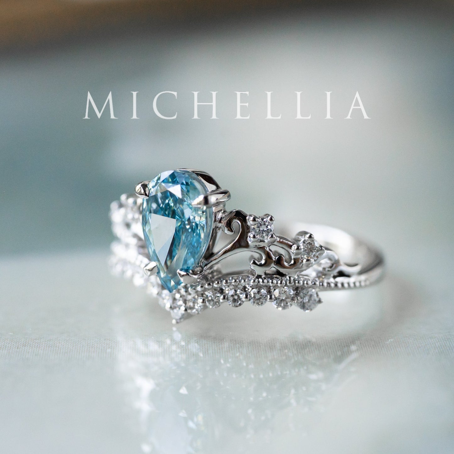 [Francesca] IGI Certified French Blue Diamond Pear Cut Platinum Engagement Ring, One of A Kind & Ready-to-Ship