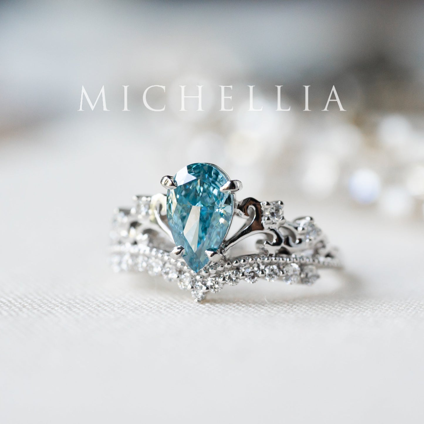 [Francesca] IGI Certified French Blue Diamond Pear Cut Platinum Engagement Ring, One of A Kind & Ready-to-Ship
