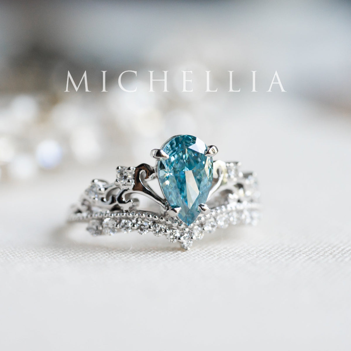 [Francesca] IGI Certified French Blue Diamond Pear Cut Platinum Engagement Ring, One of A Kind & Ready-to-Ship