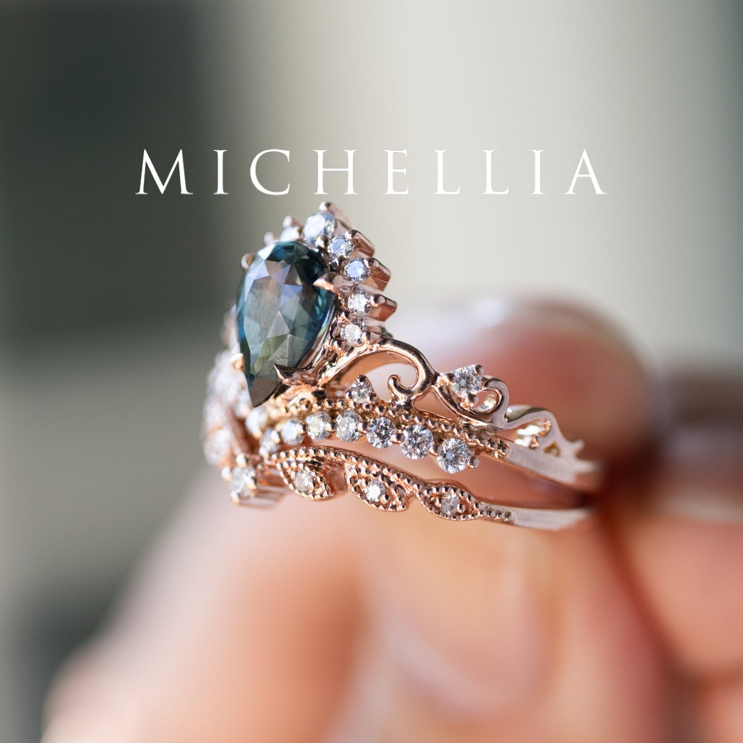 [Nerissa] Mermaid Song Natural Teal Sapphire 2-piece Engagement Ring Set, 14K Rose Gold - One of A Kind & Ready-to-Ship