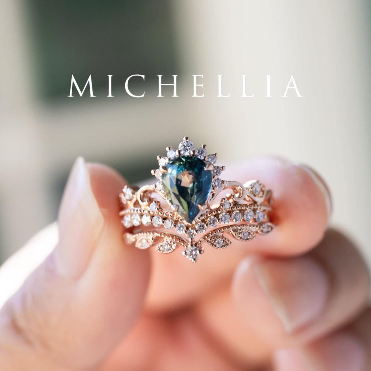 [Nerissa] Mermaid Song Natural Teal Sapphire 2-piece Engagement Ring Set, 14K Rose Gold - One of A Kind & Ready-to-Ship