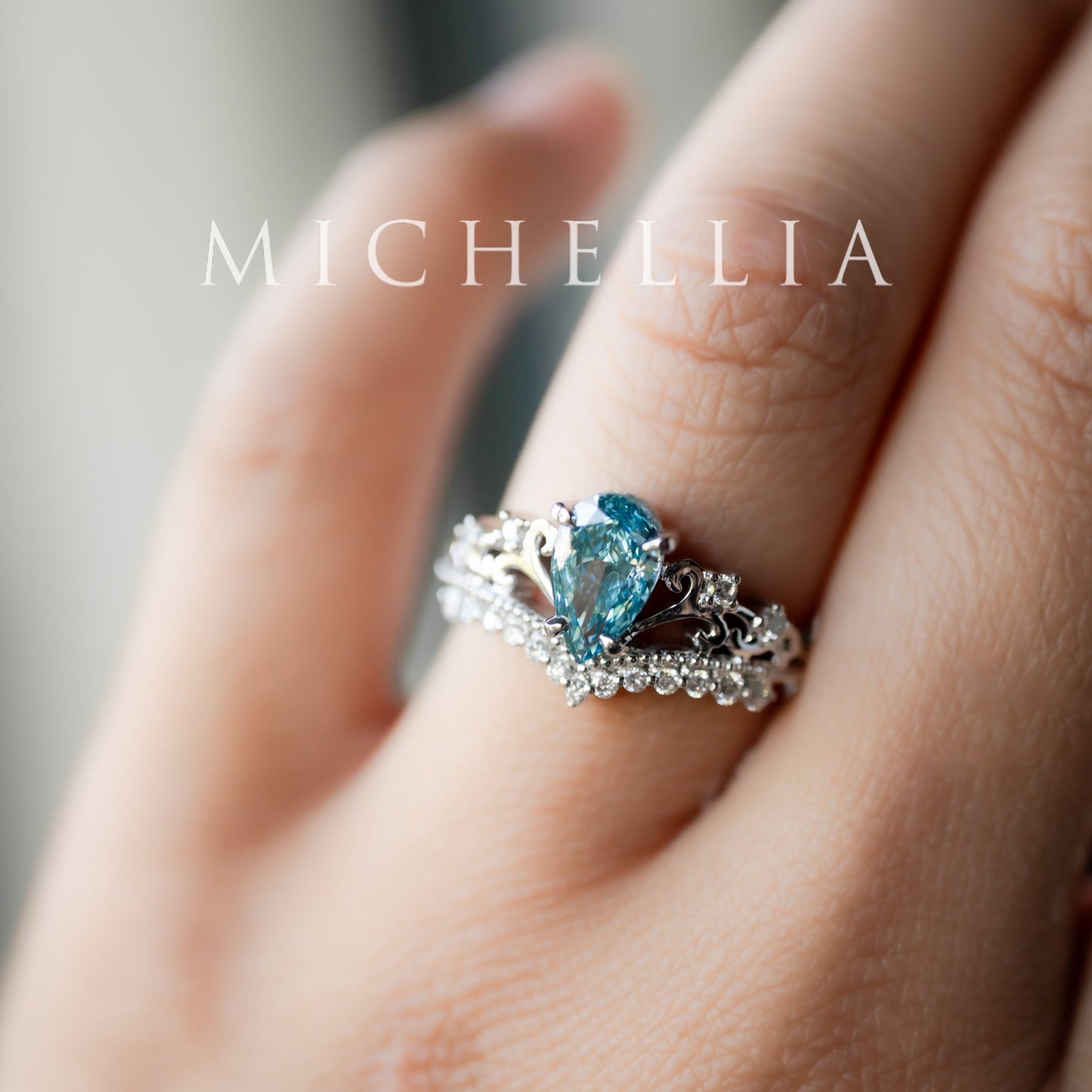 [Francesca] IGI Certified French Blue Diamond Pear Cut Platinum Engagement Ring, One of A Kind & Ready-to-Ship