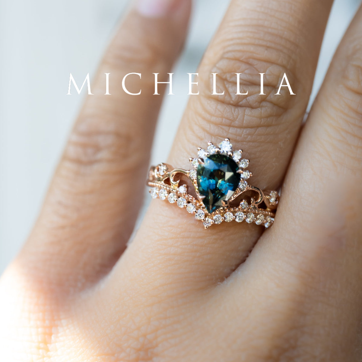 [Nerissa] Mermaid Song Natural Teal Sapphire 2-piece Engagement Ring Set, 14K Rose Gold - One of A Kind & Ready-to-Ship