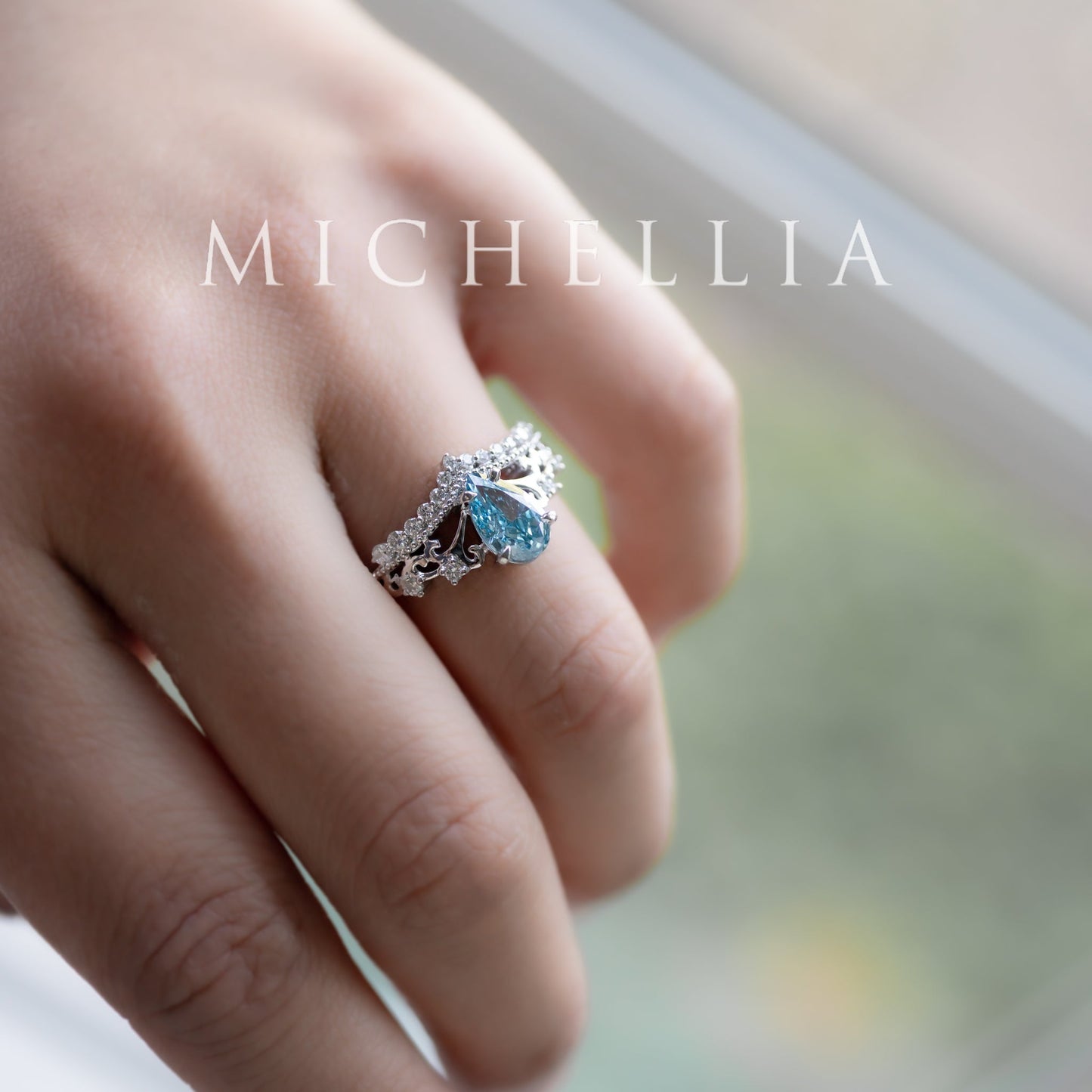 [Francesca] IGI Certified French Blue Diamond Pear Cut Platinum Engagement Ring, One of A Kind & Ready-to-Ship