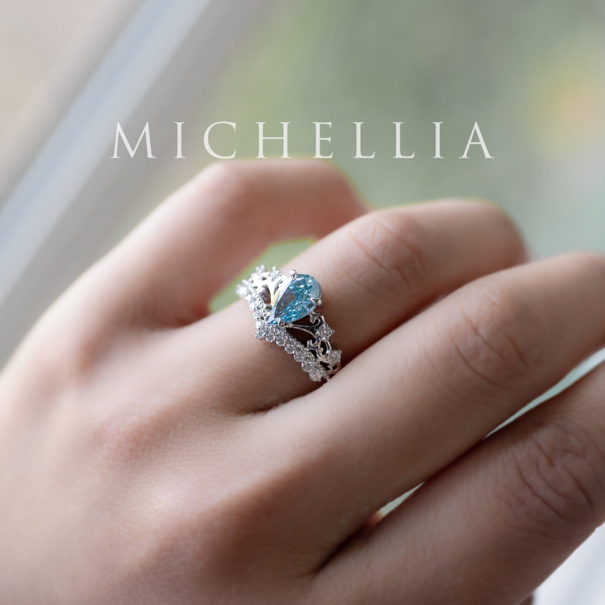 [Francesca] IGI Certified French Blue Diamond Pear Cut Platinum Engagement Ring, One of A Kind & Ready-to-Ship