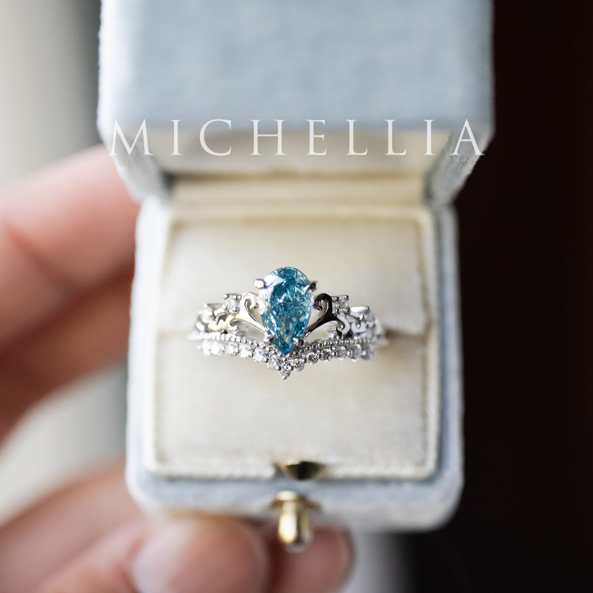 [Francesca] IGI Certified French Blue Diamond Pear Cut Platinum Engagement Ring, One of A Kind & Ready-to-Ship