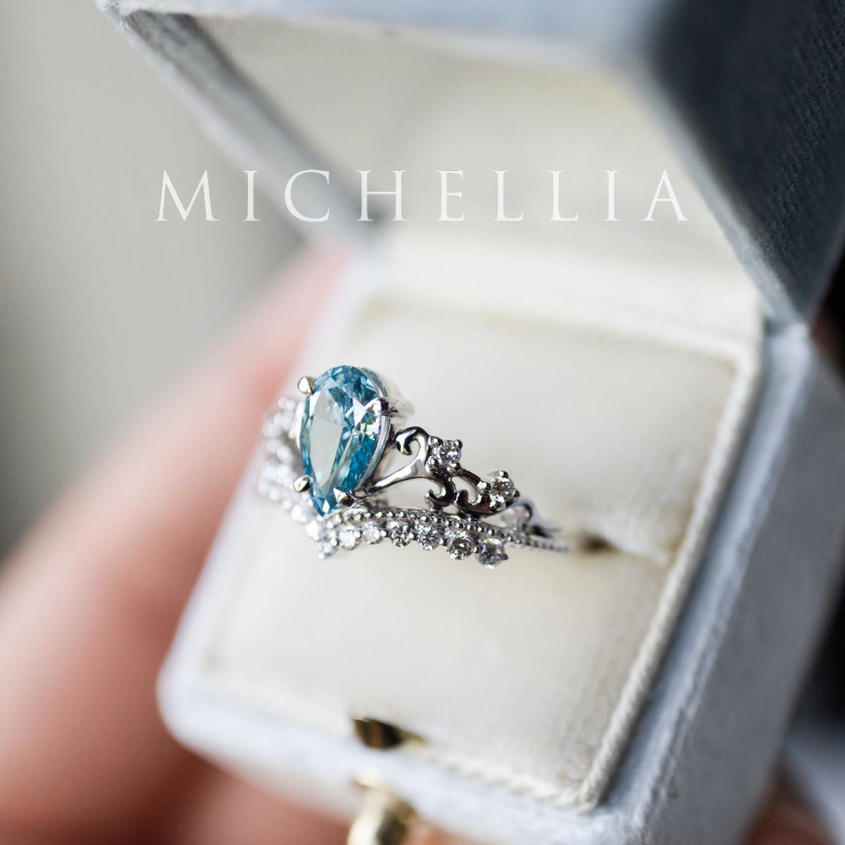 [Francesca] IGI Certified French Blue Diamond Pear Cut Platinum Engagement Ring, One of A Kind & Ready-to-Ship