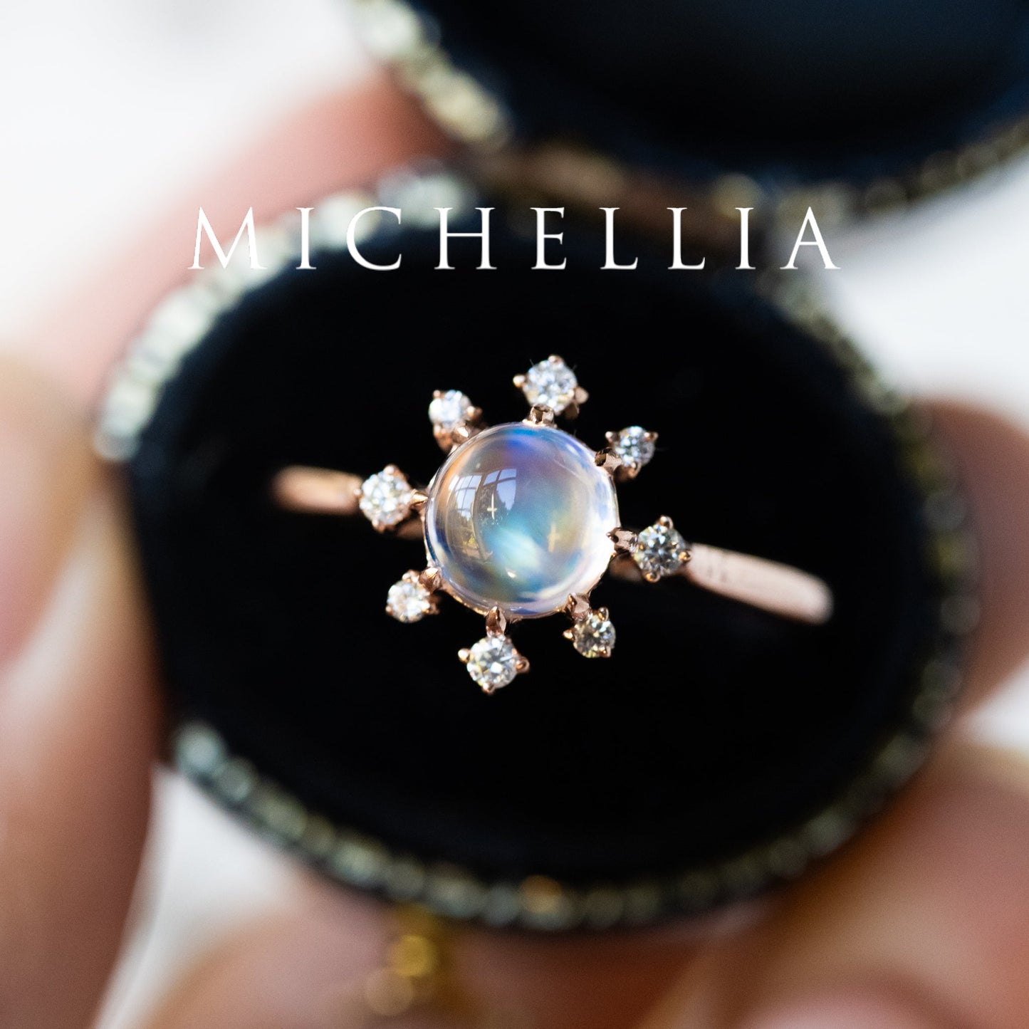 [Aurora] Northern Light Rainbow Moonstone Engagement Ring, 14K Rose Gold - One of A Kind & Ready-to-Ship