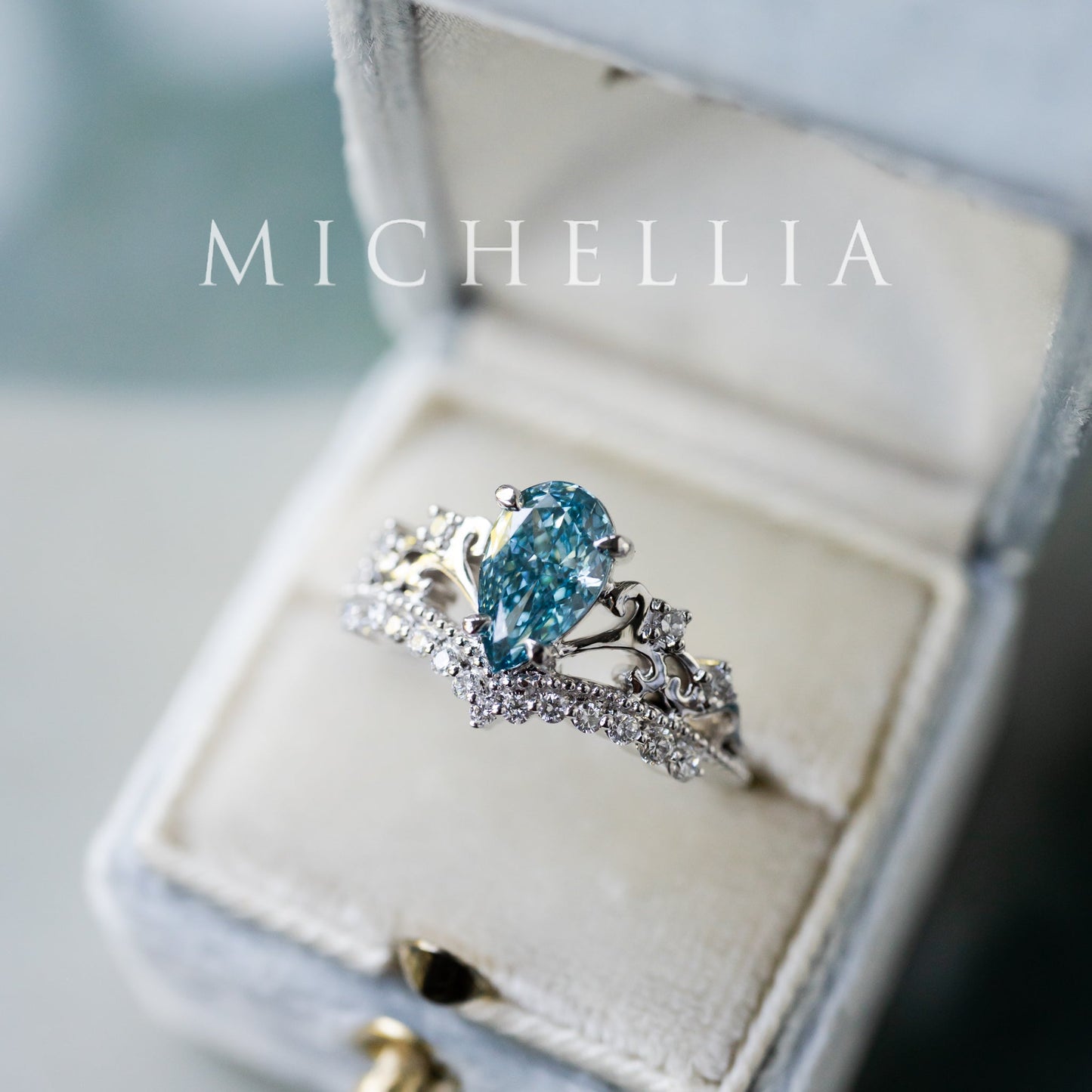 [Francesca] IGI Certified French Blue Diamond Pear Cut Platinum Engagement Ring, One of A Kind & Ready-to-Ship