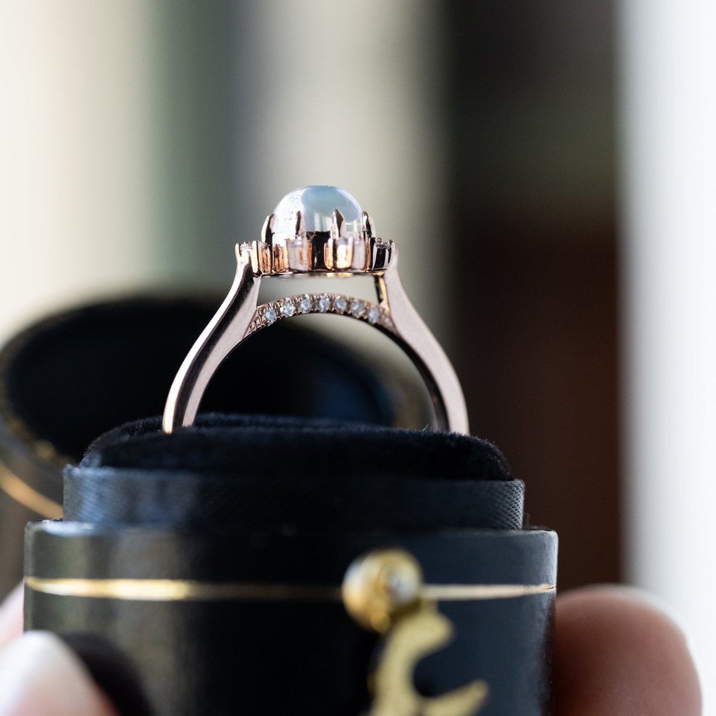 [Aurora] Northern Light Rainbow Moonstone Engagement Ring, 14K Rose Gold - One of A Kind & Ready-to-Ship